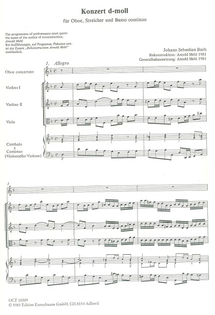 J.S. Bach: Konzert d-moll BWV 1059 fr<br>Oboe, Streichorch.+BC  Part. Kunzelmann