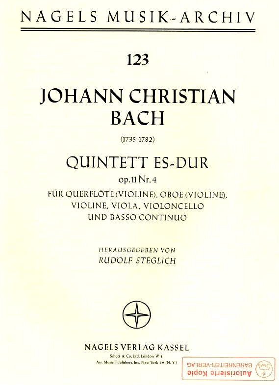 J.C. Bach: Quintett Es-Dur Op.11 No.4<br>Flöte, Oboe, Violine Viola+BC/ Kopie