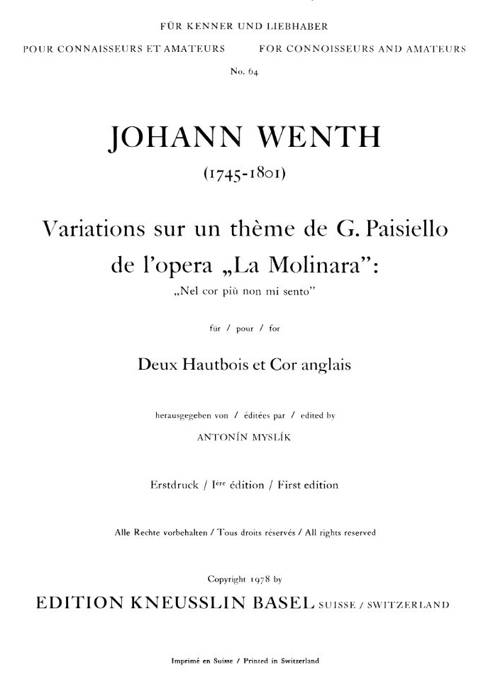 J. Wenth: Variationen (Paisiello)<br>fr 2 Oboen + Engl. Horn