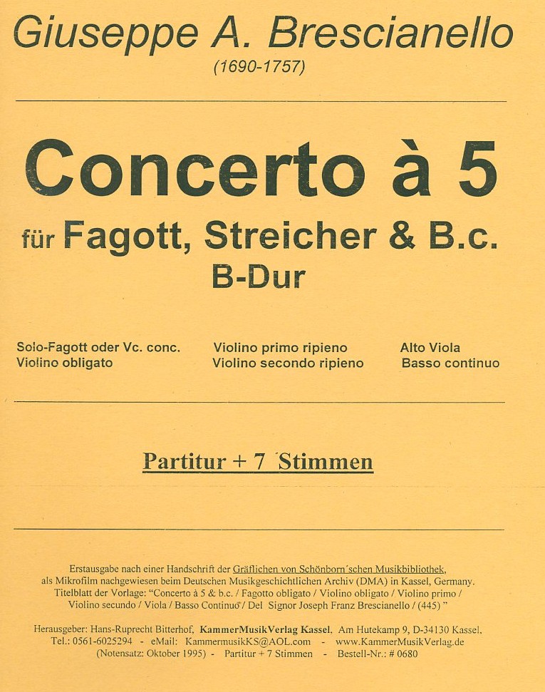 G.A. Brescianello(16901757): Concerto<br>B-Dur /Fagott, 3 Streicher + BC