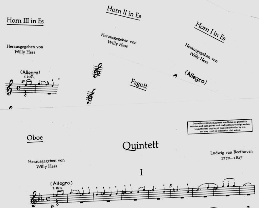 L.v. Beethoven: Quintett Es-Dur op. 16<br>fr Oboe, 3 Hrner + Fagott - Kopien