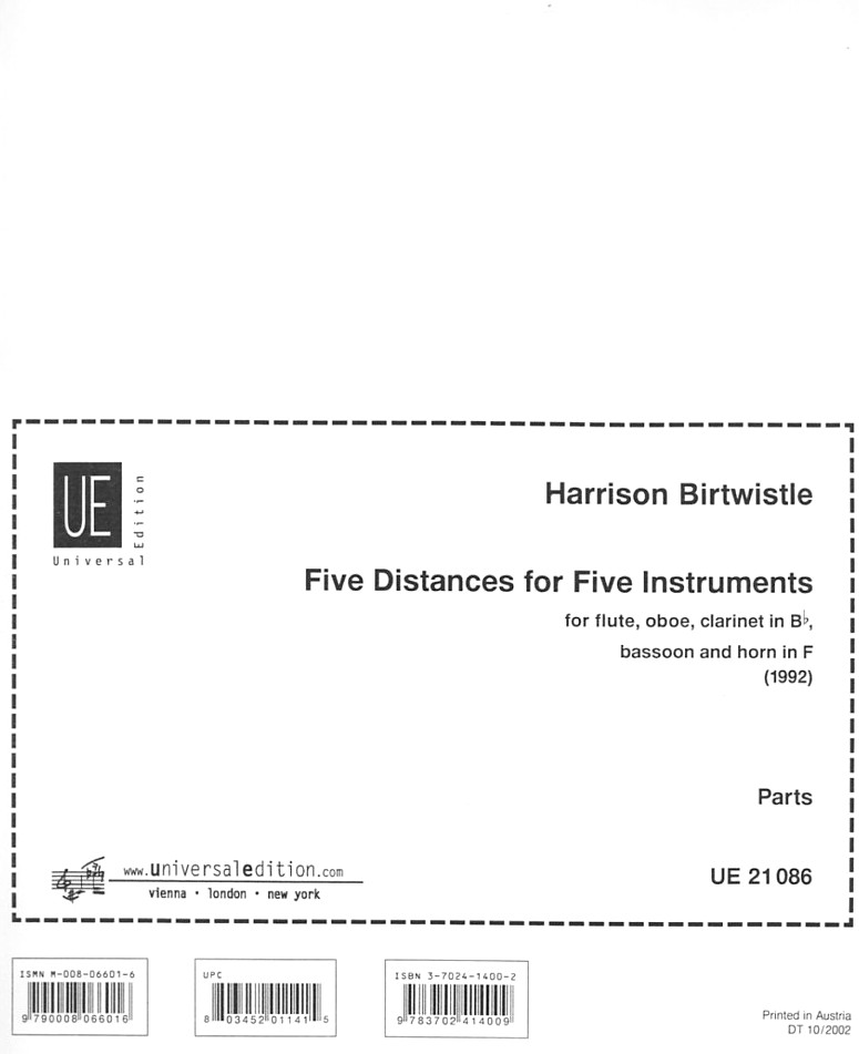 H. Birtwistle: &acute;Five Distances&acute; (1992)<br>fr Holzblserquintett - Stimmen