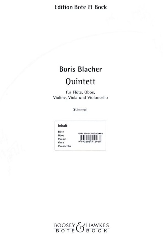 B. Blacher(1903-75): Quintett (1973/74)<br>fr Flte, Oboe, Vl. Va. Vc. - Stimmen