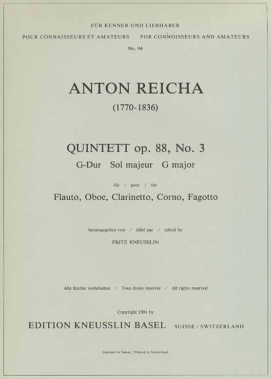 A. Reicha Quintett G-Dur op. 88/3<br>fr Blserquintett - Stimmen