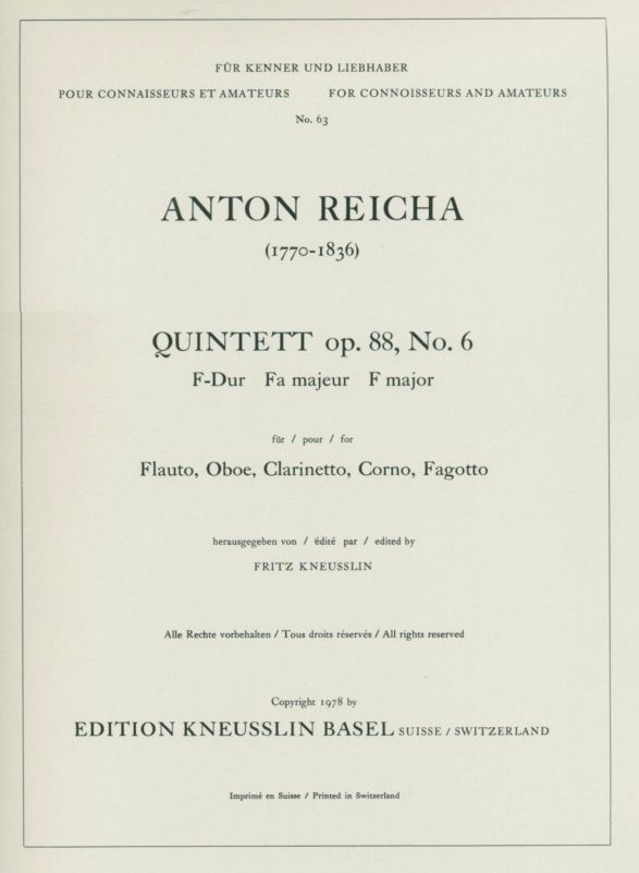 A. Reicha Quintett F-Dur op. 88/6<br>fr Blserquintett - Stimmen