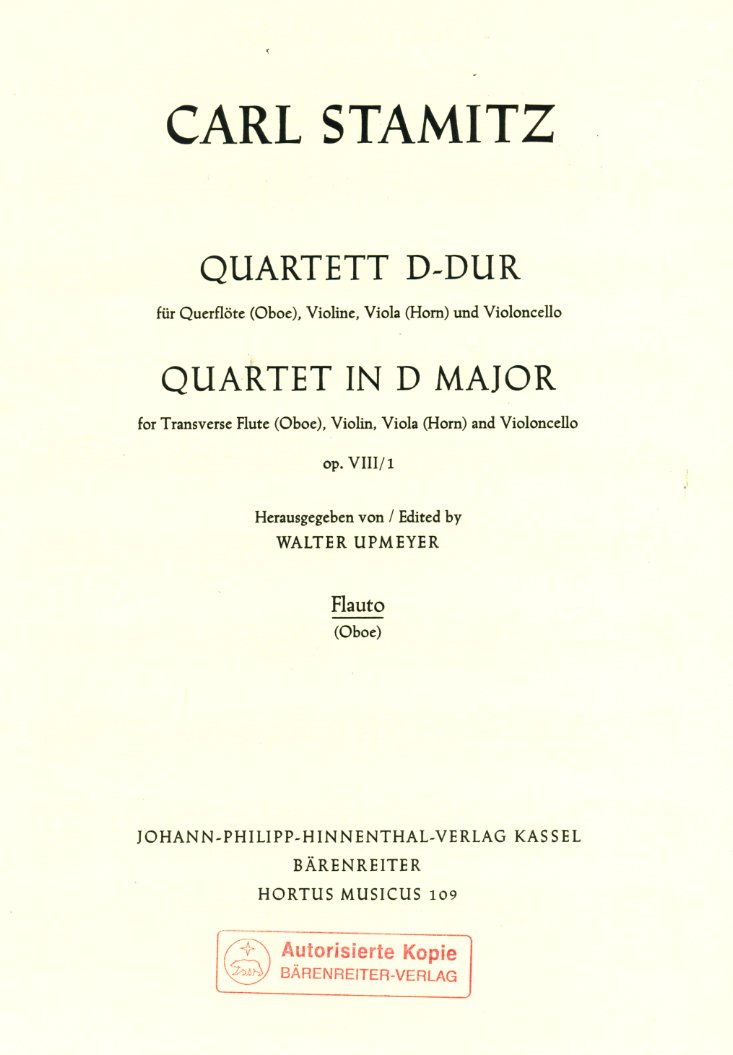 C. Stamitz: Quartett D-Dur op. 8/1 fr<br>Oboe, Violine, Viola + Vc / Verlagskopie
